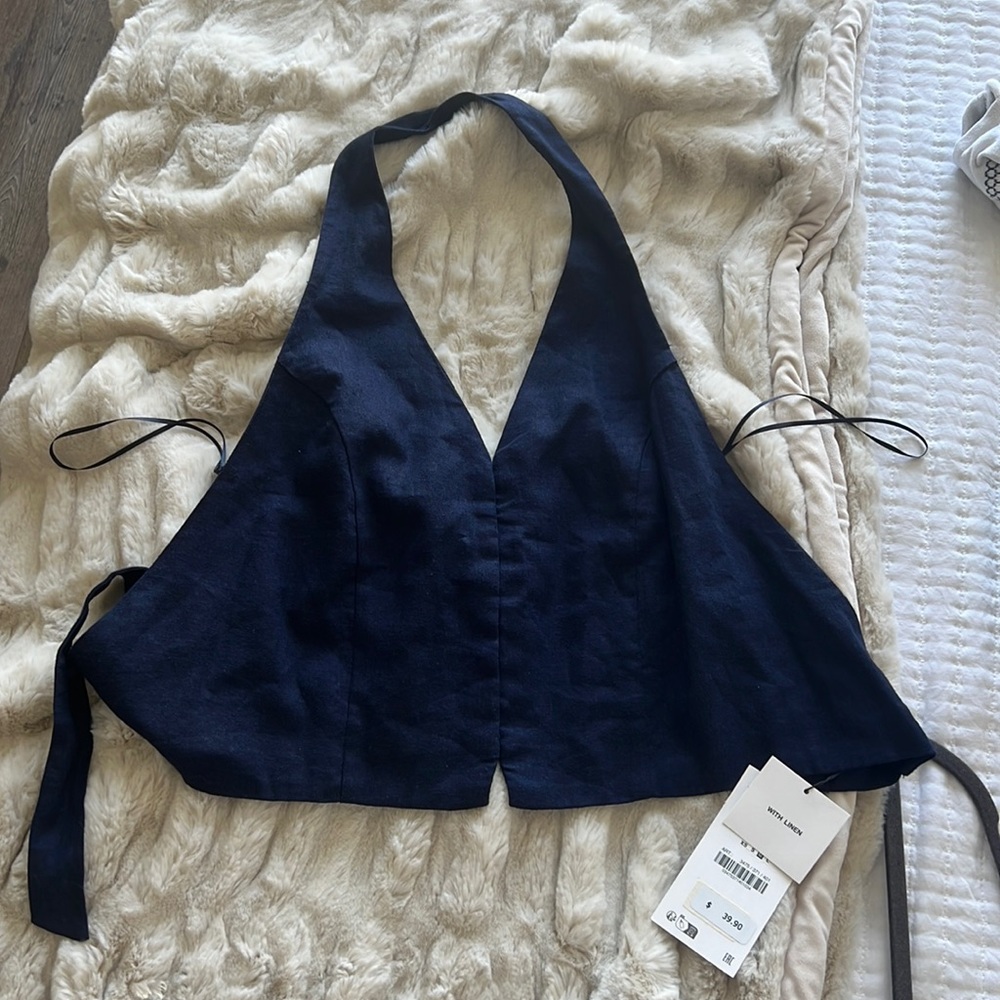 *NWT* Zara navy blue linen halter backless top